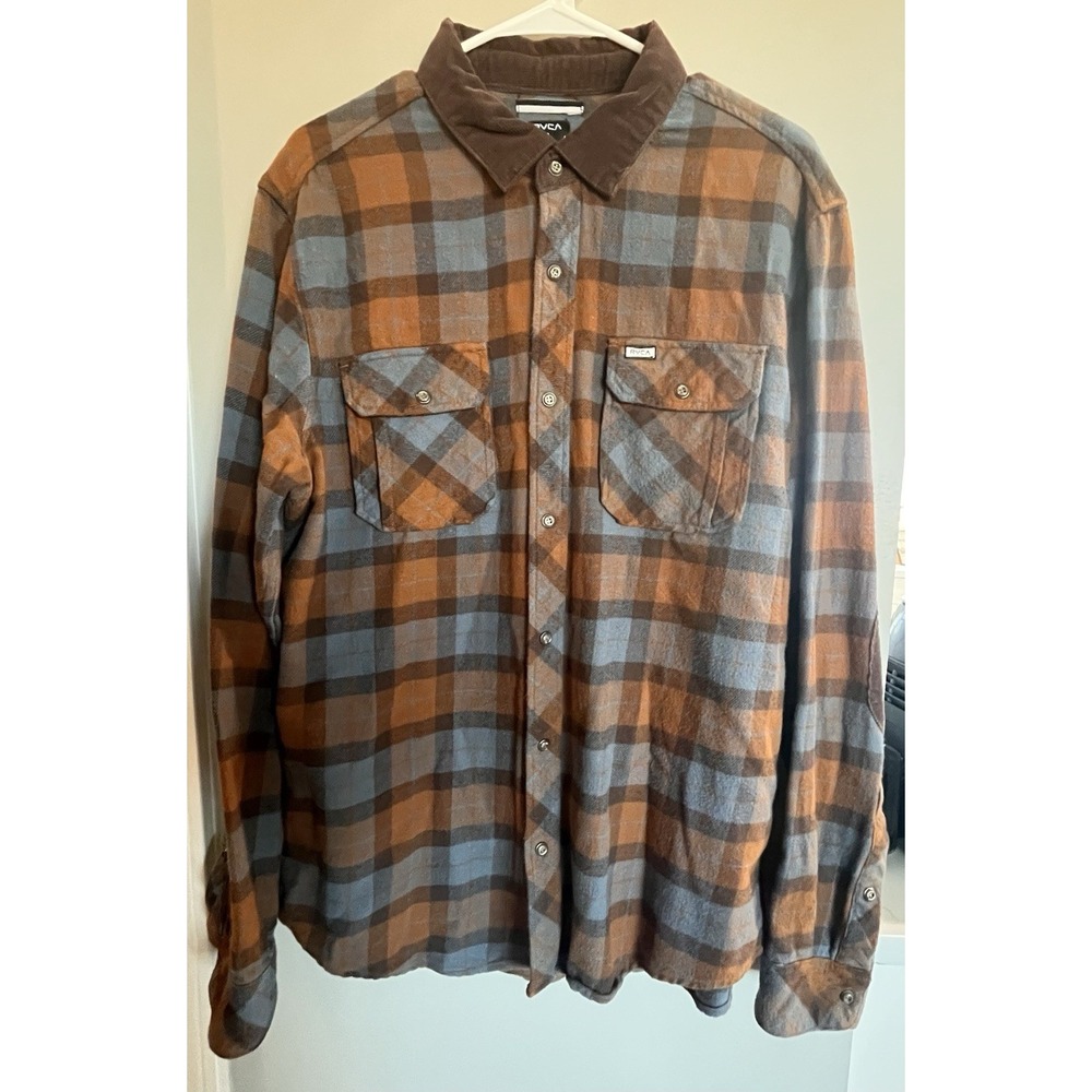 RVCA Winston Flannel Shirt Mens Large Plaid Long Sleeve‎ Corduroy Elbow Patch